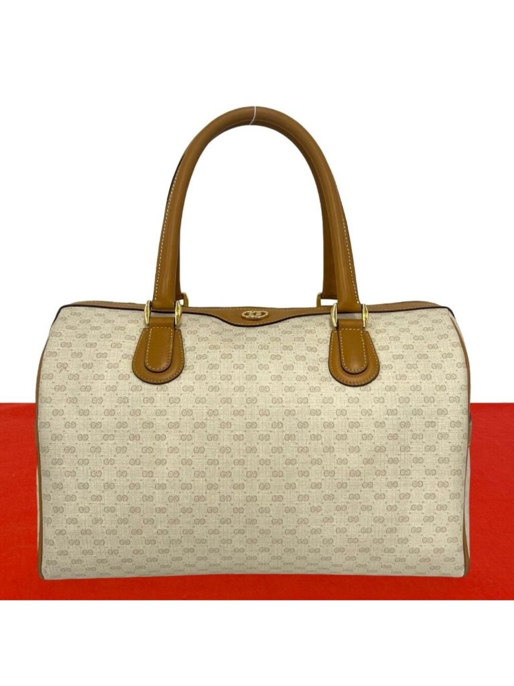 Gucci Vintage Micro GG Logo Pattern Leather Boston Bag Beige